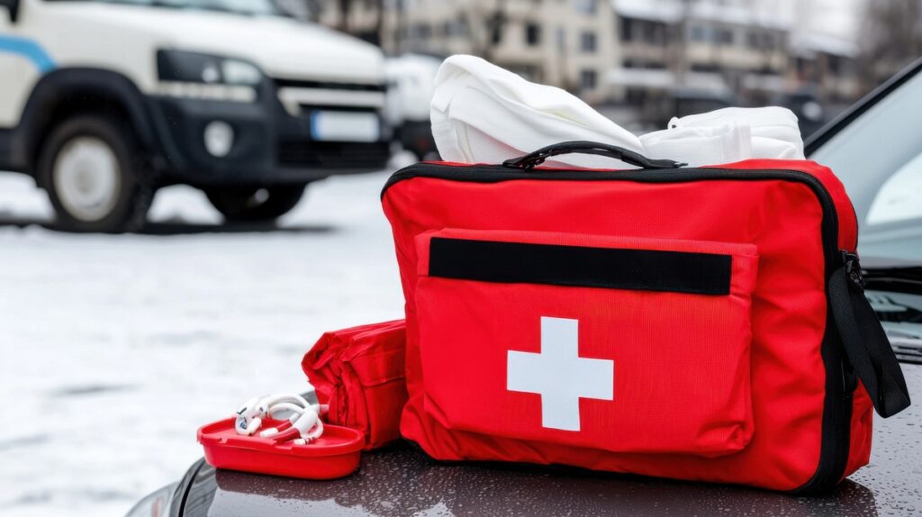 Red first aid kit on a car in winter. Perfect for emergency preparedness and travel safety imagery. Includes bandages and supplies.