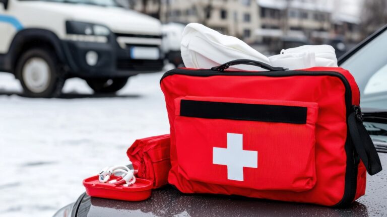 Red first aid kit on a car in winter. Perfect for emergency preparedness and travel safety imagery. Includes bandages and supplies.