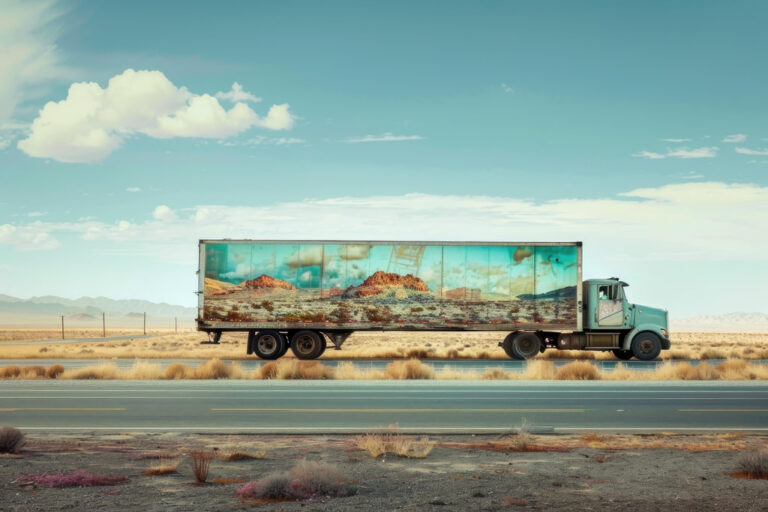 Old, turquoise semi truck is driving through the american southwest desert landscape on a sunny day