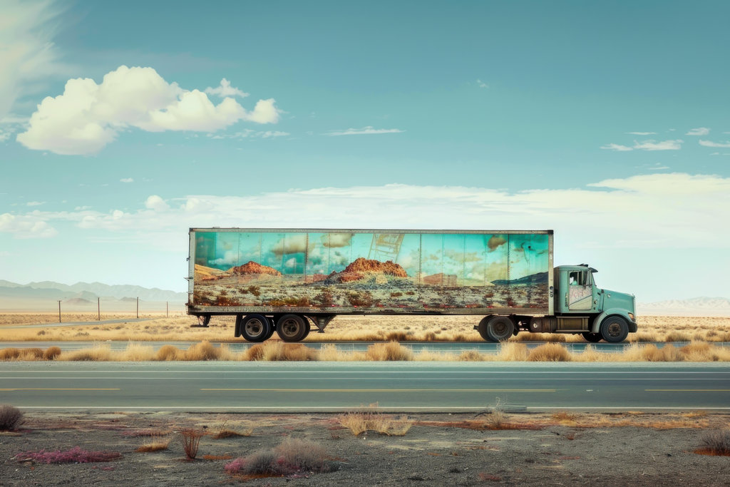 Old, turquoise semi truck is driving through the american southwest desert landscape on a sunny day